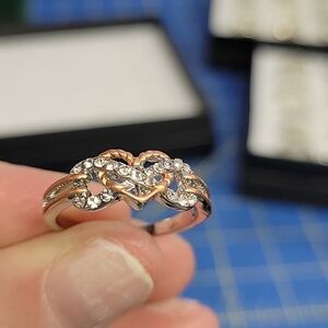 Silver Tone & Copper Heart Rhinestone Ring Size 9